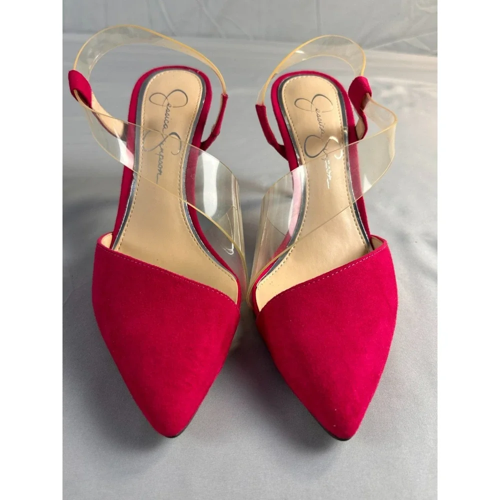 Jessica Simpson Women Heels Pumps Red Suede Pointed Toe Stiletto Clear Strap SZ6